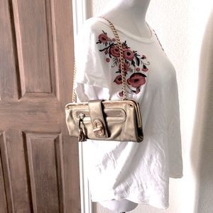 Y2K B Makowsky Wallet On Chain Gold Holiday Bag WOC Leather Festival Metallic